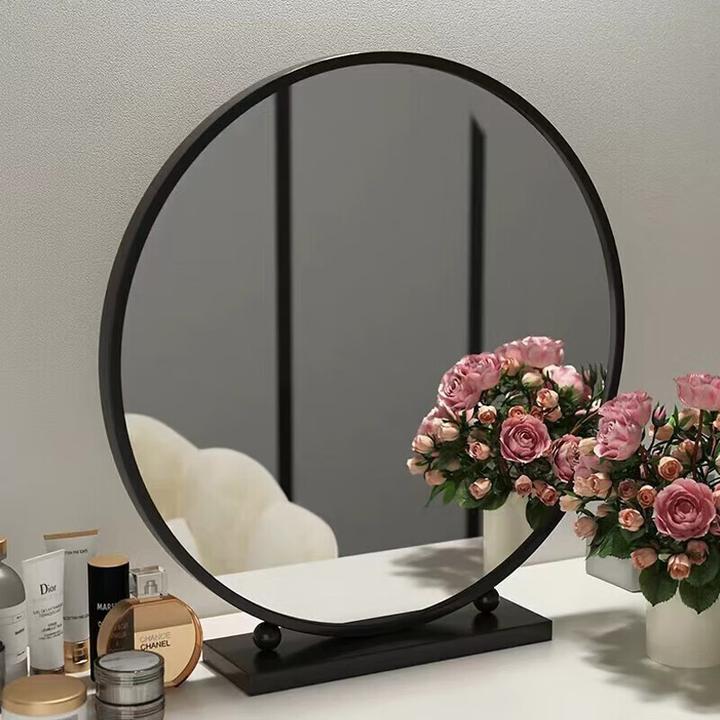 索尔诺简约台式化妆镜圆形桌面梳妆镜卧室学生宿舍铁艺大镜子梳妆