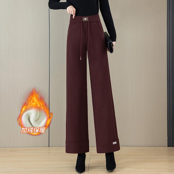 加绒加厚阔腿裤女2024冬季新款松紧高腰羊毛呢休闲时尚直筒裤