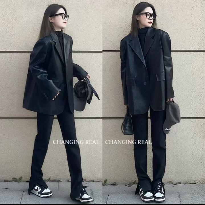 黑色复古西装休闲皮衣外套女2025年秋冬季新款宽松中长款网红西服