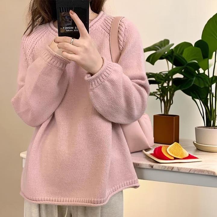 韩系卷边纯色套头毛衣女温柔宽松针织上衣百搭慵懒风洋气软糯毛衣