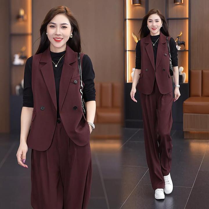 时尚套装女2025秋季新款时髦洋气西装马甲打底衫阔腿裤气质三件套