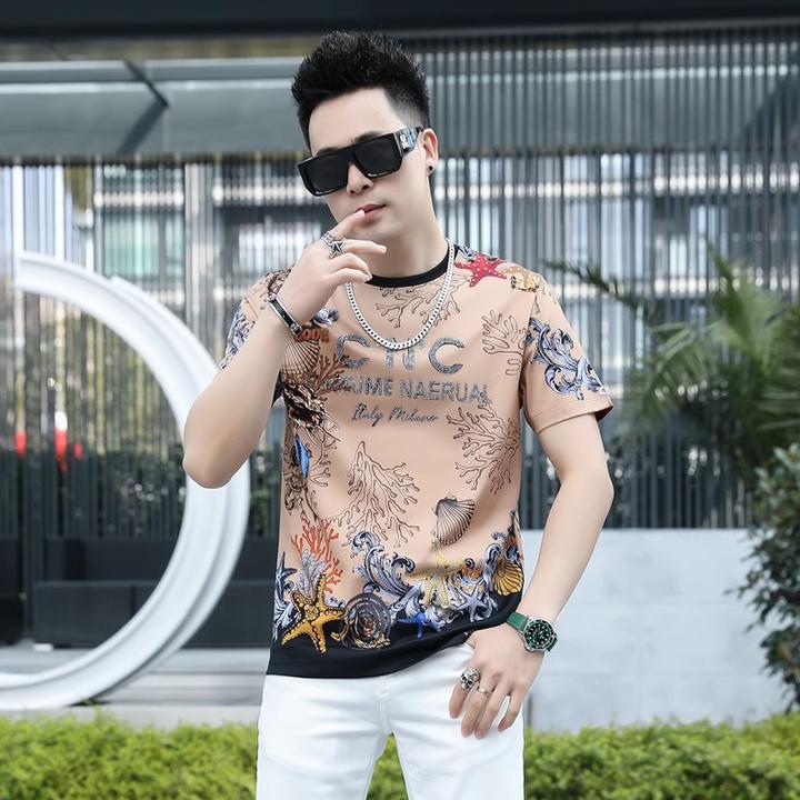 欧洲站潮流印花短袖T恤男夏季潮牌烫钻休闲半袖个性上衣修身体恤