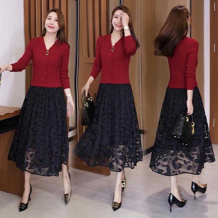 假两件针织连衣裙女秋装2023年新款妈妈洋气高端气质V领打底裙子