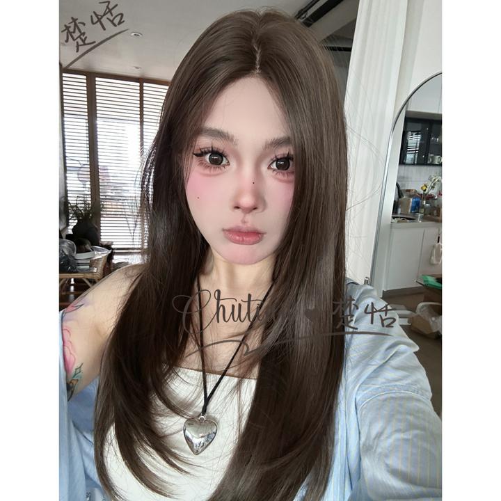 小呆-【野心勃勃】冷棕中分中长内扣长直发假发小额蕾丝假发女全头