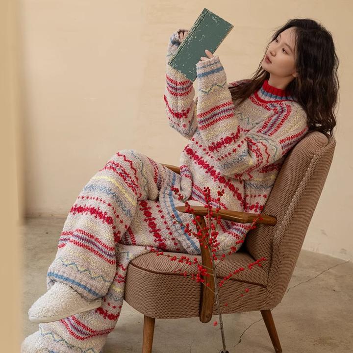 睡衣女半边绒秋冬毛衣可外穿条纹珊瑚绒加厚冬季保暖家居服套装