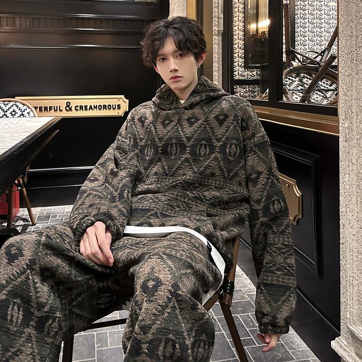 痞帅高级感男装套装秋冬民族风提花连帽卫衣裤子青少年穿搭两件套
