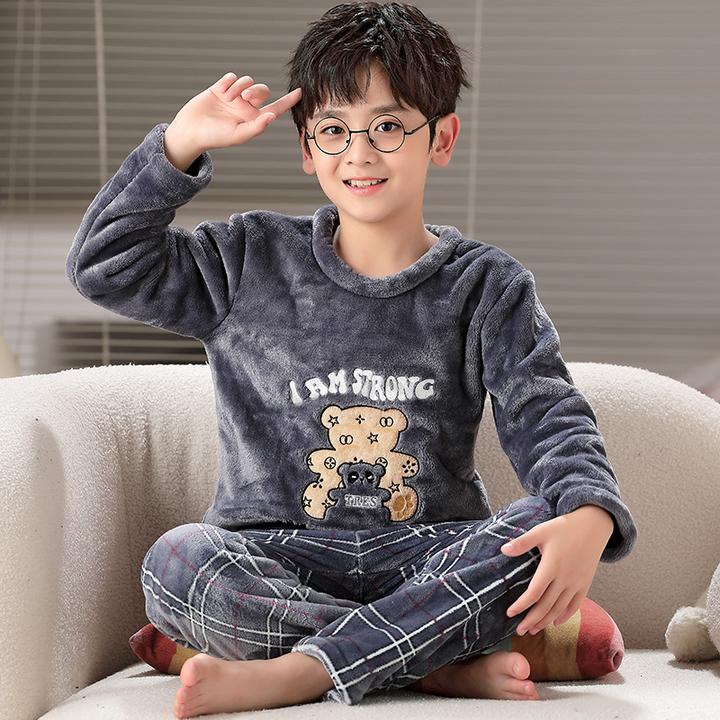 秋冬季胖儿童睡衣男孩珊瑚绒加厚加绒中大童青少年小学生法兰绒冬