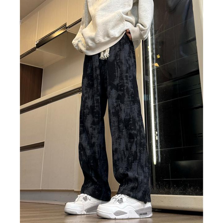 美式高街扎染裤子男秋冬季直筒宽松抽绳运动加绒裤子休闲长裤