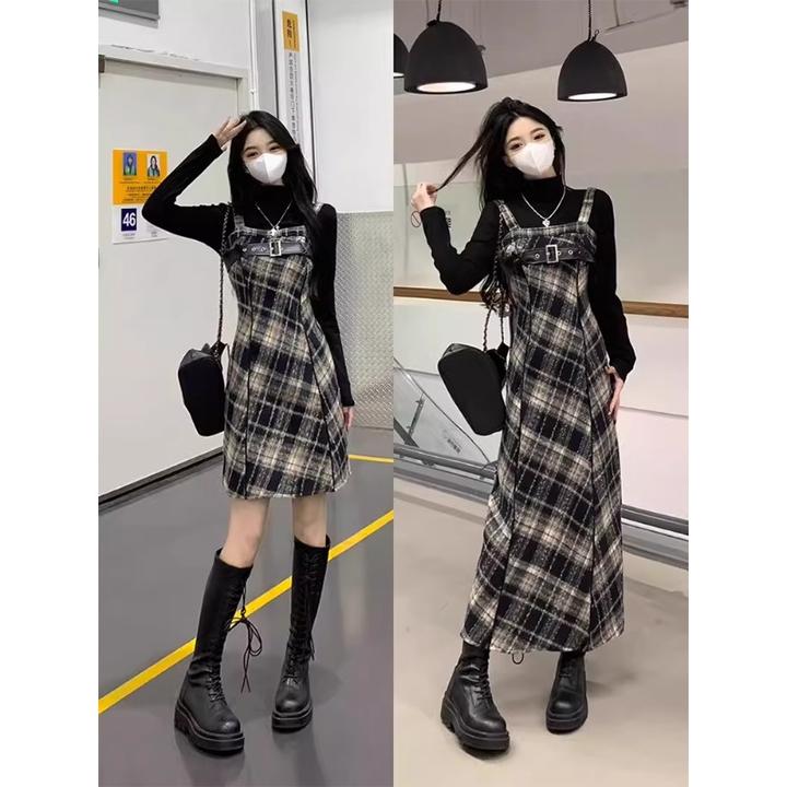 大码女装胖mm显瘦复古格纹吊带连衣裙新款秋季黑色内搭上衣两件套