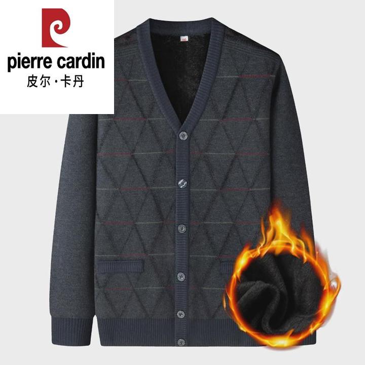 皮尔卡丹男士秋冬加厚保暖开衫毛衣爸爸装格子V领宽松长袖针织外