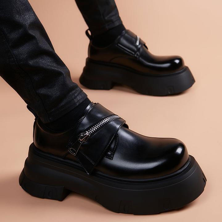 休闲皮鞋男2024新款厚底增厚爆款德比鞋英伦风轻奢真皮魔术贴男鞋