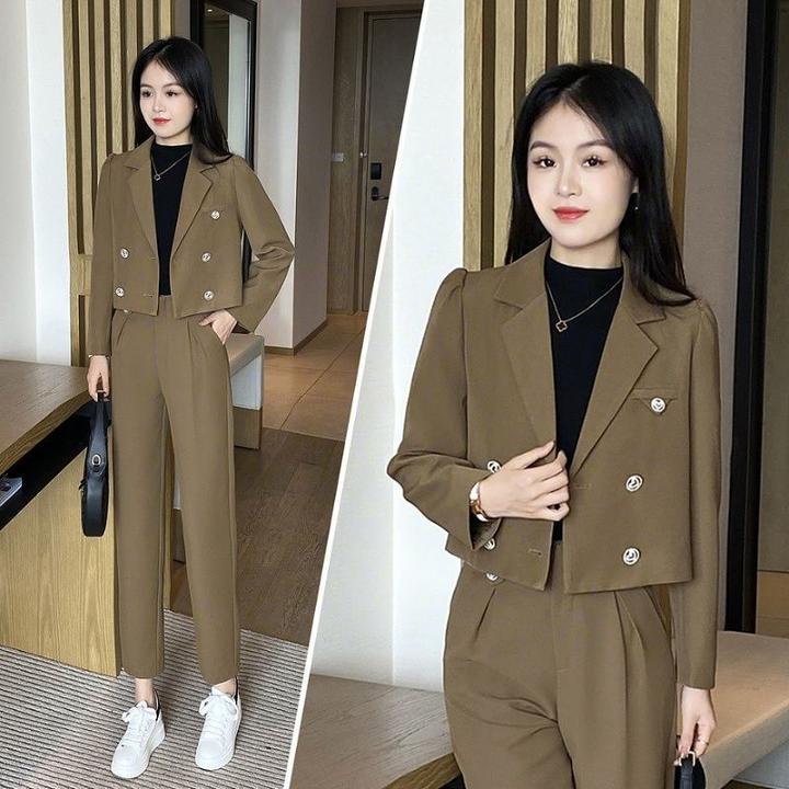休闲短款西装套装女春秋2024新款高腰显瘦小个子九分直筒裤两件套