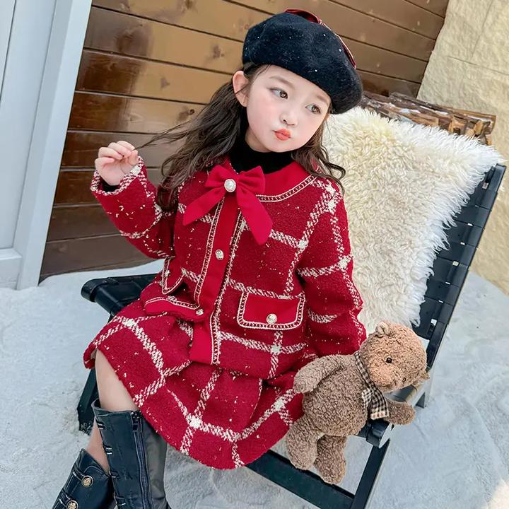 女童小香风套装2024新款女童冬季加厚红色甜美外套儿童新年冬装