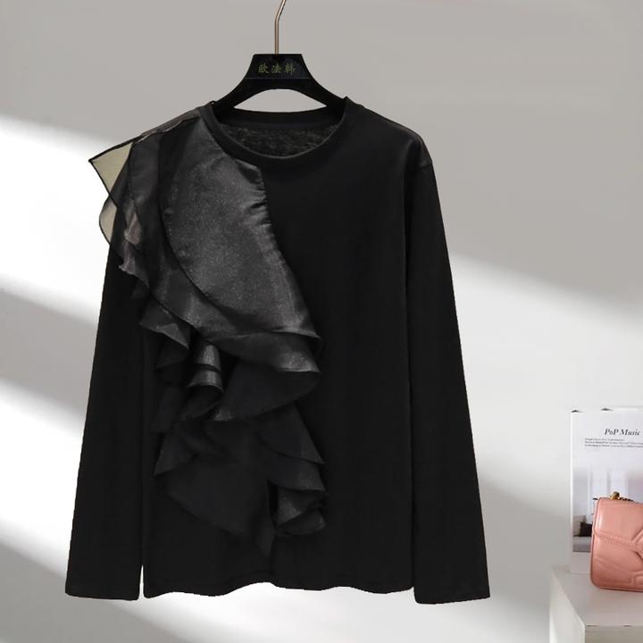 韩系chic荷叶边黑色长袖T恤女秋冬港风复古设计感小众高级感上衣