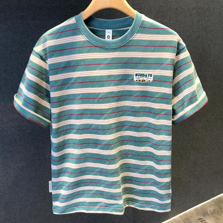 高考毕业季夏季新款纯棉条纹短T恤男士宽松大码休闲透气潮牌修身