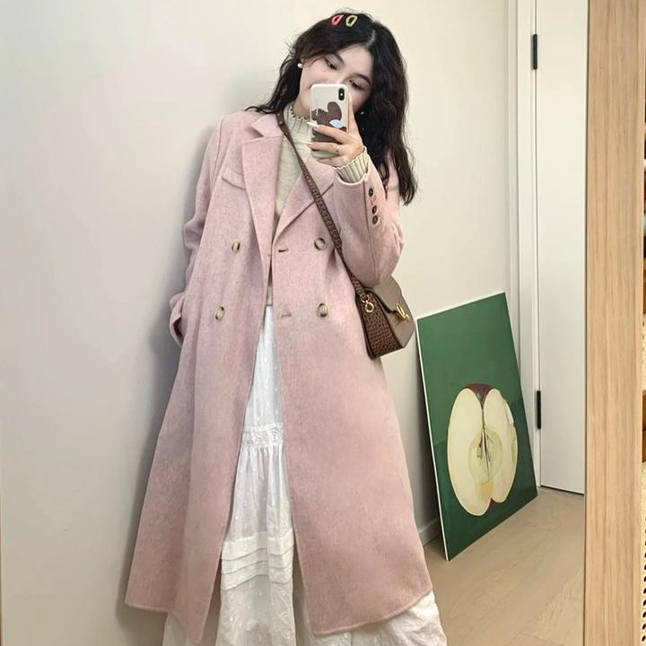 粉色赫本风呢子大衣女2024年秋冬季新款毛呢外套高级感小个子韩系