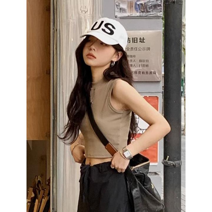 小众高腰露脐无袖短款内搭吊带上衣女美式辣妹卡其工字背心夏外穿