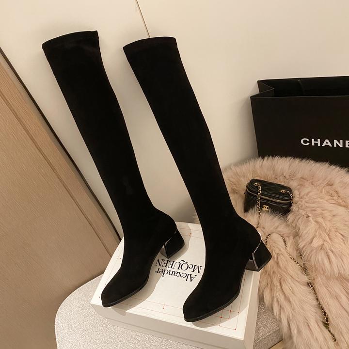 （圆头高跟）秋冬新款粗跟过膝弹力靴显瘦显高小个子时尚百搭瘦瘦靴