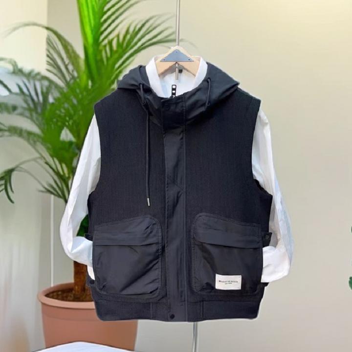 2024春秋新款时尚连帽马甲百搭黑色无袖坎肩男女同款拼接男女上衣