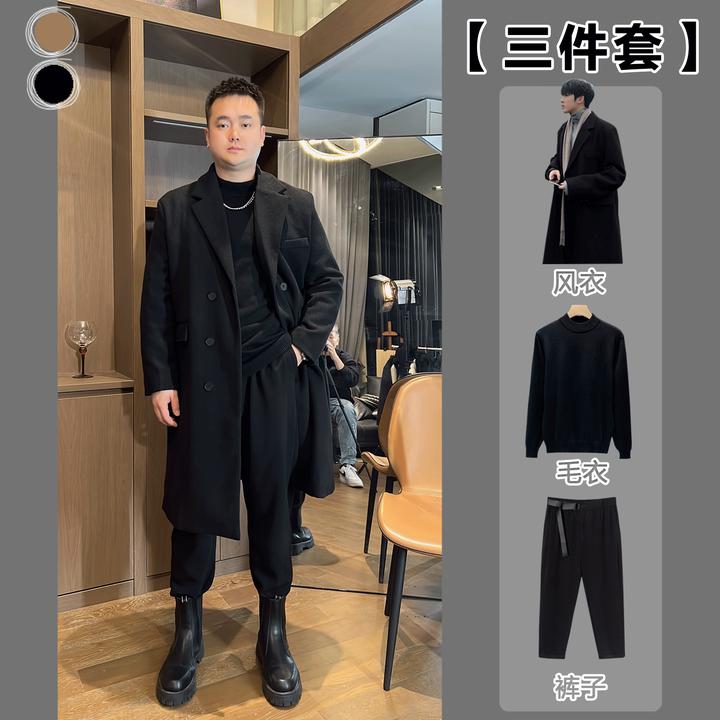 冬季男士中长款风衣韩版大码毛呢外套冬装秋冬气质黑色外套过膝
