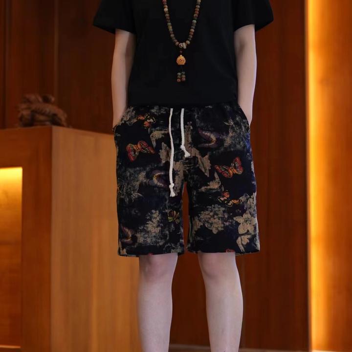 潮牌夏季百搭国风短裤男士大码沙滩五分裤印花复古国风时尚中裤