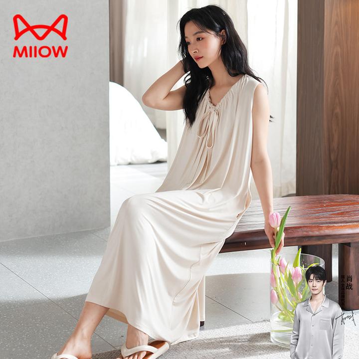 猫人经典无袖睡裙女夏季简约休闲舒适性感纯欲新款大码家居服套装