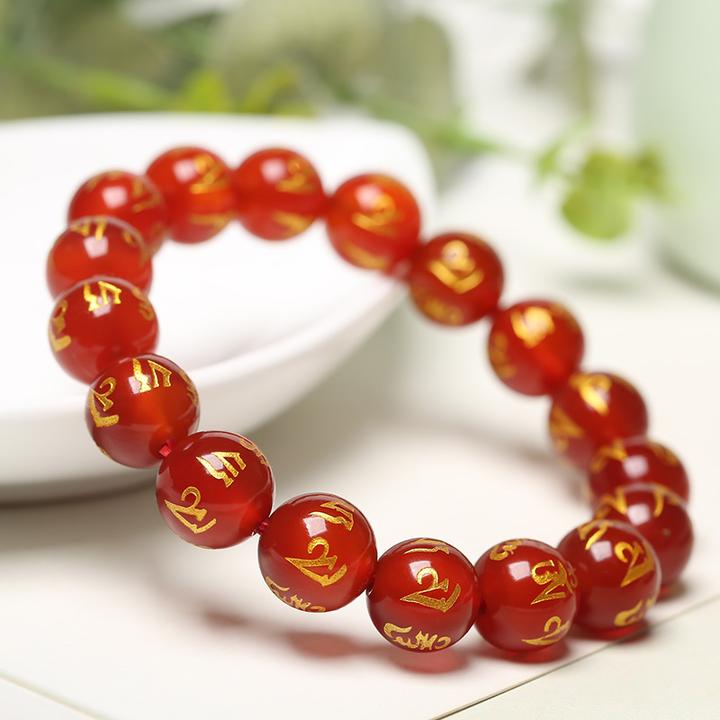 天然红玛瑙六字真言佛珠手串男情侣手链女本命年红手饰礼物