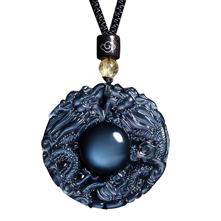 天然冰彩黑曜石本命年吊坠男双龙护主挂件项链招财转运珠生日礼物