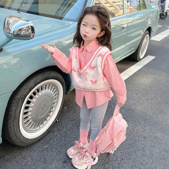 女童2024新款衬衫时髦春秋款儿童洋气蝴蝶结早秋女宝宝初秋季秋装