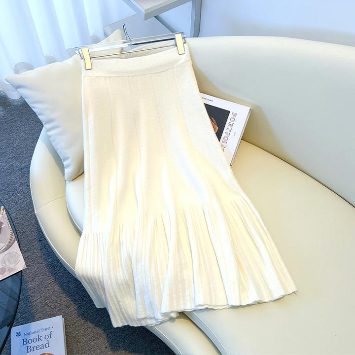 拉夏贝尔气质白色针织百褶半身裙女秋冬季法式高腰中长款a字长裙