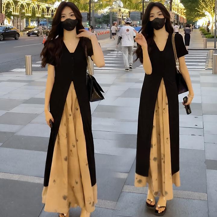 夏季搭配一整套气质休闲时尚套装女2026夏季新款黑色长款开叉上衣