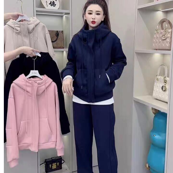 韩版加绒加厚时尚套装女2024秋冬开衫连帽上衣直筒休闲裤两件套