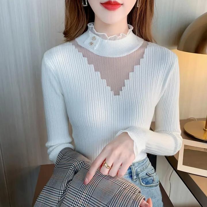 女内搭洋气修身针织长袖镂空蕾丝钻扣韩版洋气百搭时尚打底衫秋冬