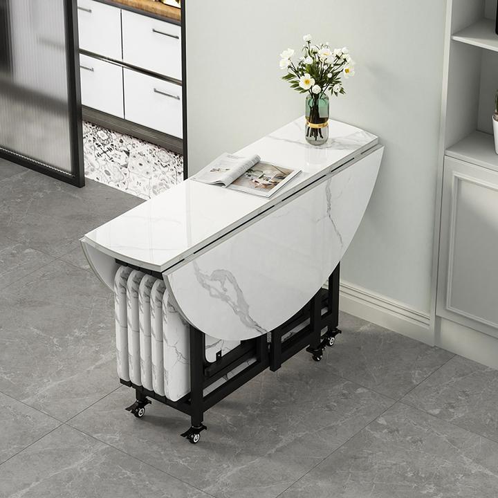 轻奢岩板折叠餐桌家用可伸缩移动客厅圆形桌椅组合小户型吃饭桌子