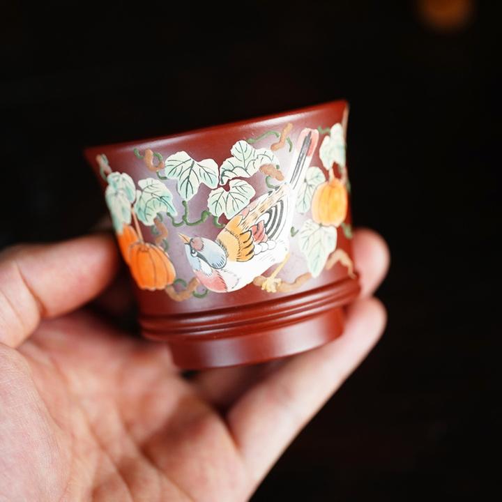 紫砂杯宜兴紫砂全手工泥绘堆绘南瓜高档主人杯手绘纯手工红泥大红