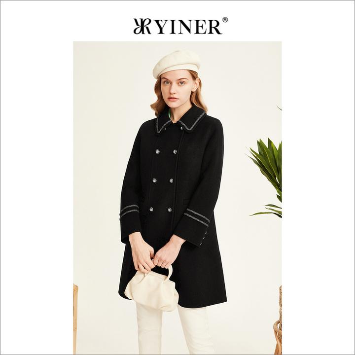 YINER音儿专选女装冬季时尚中长款双排扣纯羊毛双面呢大衣外套