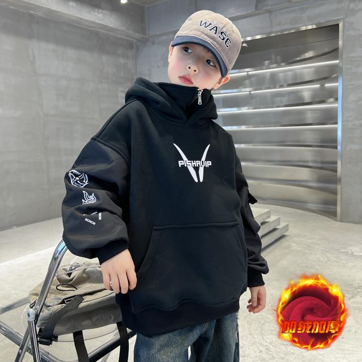 儿童装男童冬季加绒连帽卫衣2024新款中大童秋冬款男孩加厚上衣潮