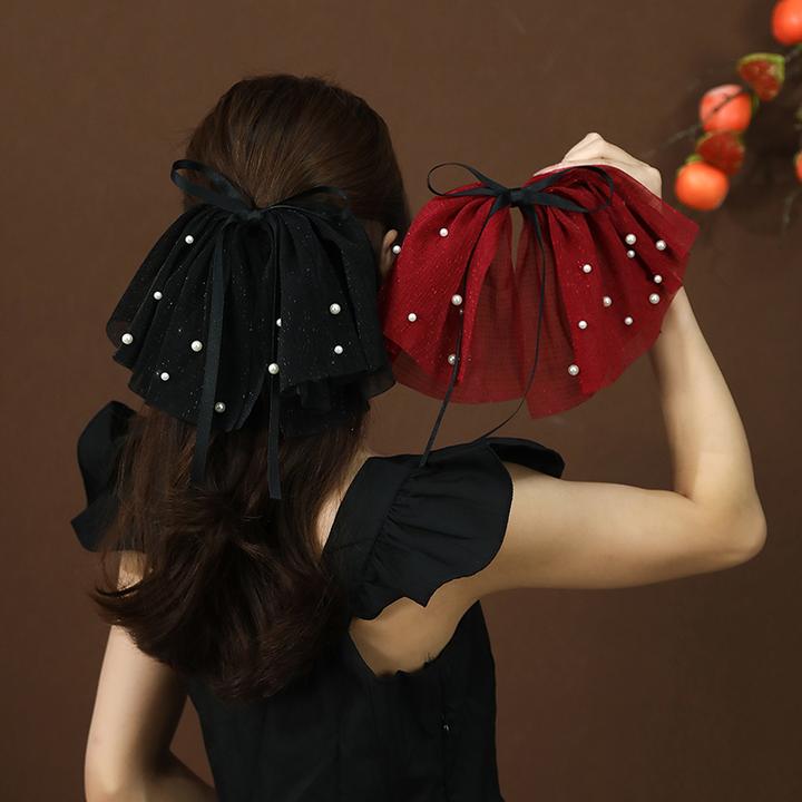 气质多层薄纱蝴蝶结飘带弹簧夹后脑勺盘发一字夹