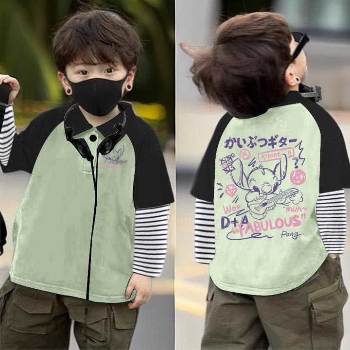 2024中大童春秋款新款时尚POLO衫条纹假两件长袖韩版秋冬季时尚韩