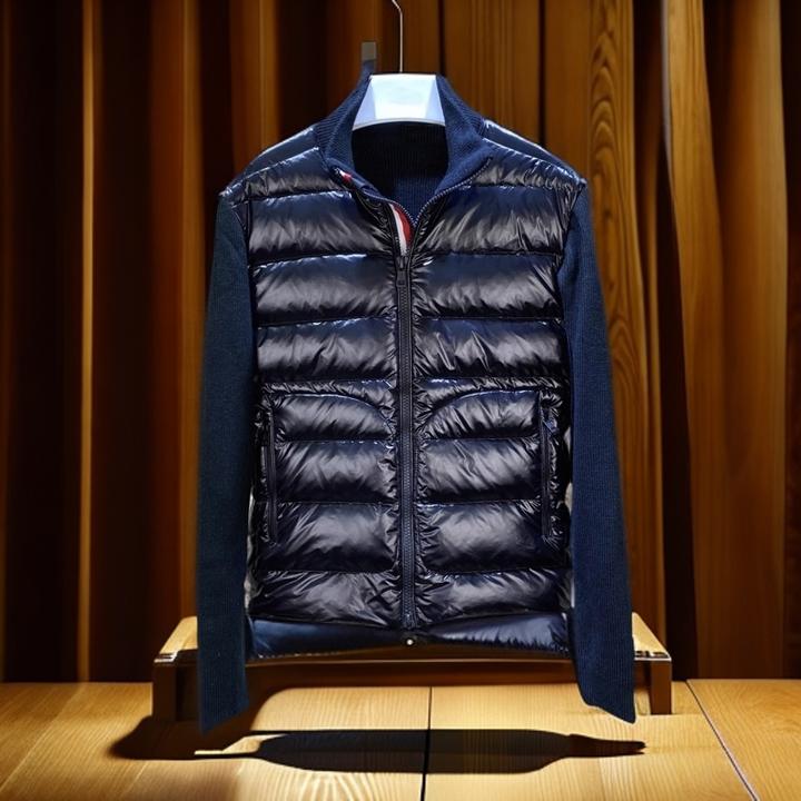 宾斯洛特针织拼接羽绒服男秋季轻薄款白鹅绒立领开衫秋季毛衣外套