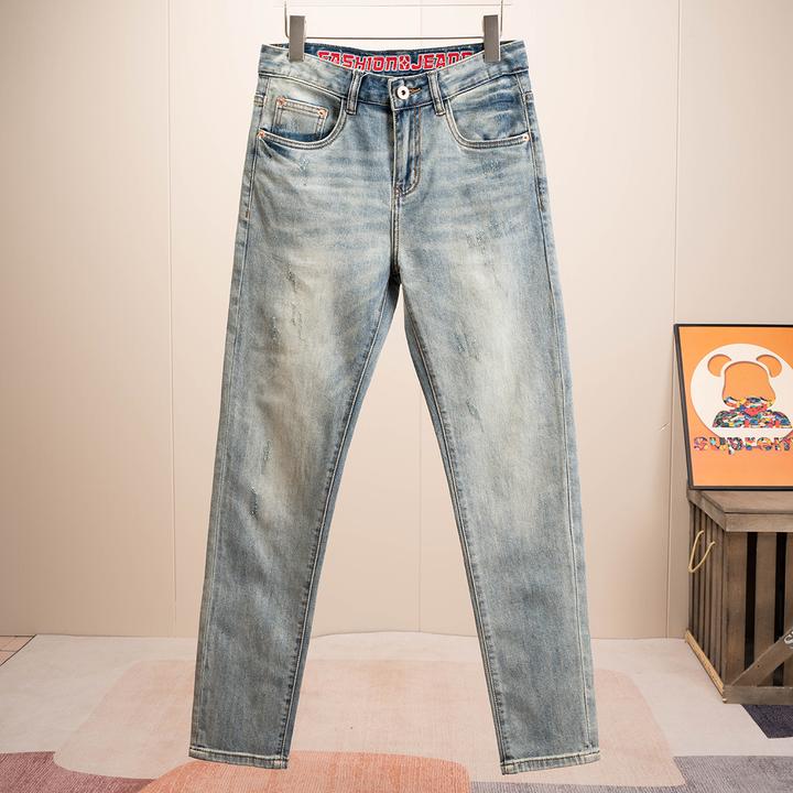 宾斯洛特九分长裤复古蓝牛仔裤修身小脚裤夏季潮流弹力男士裤子