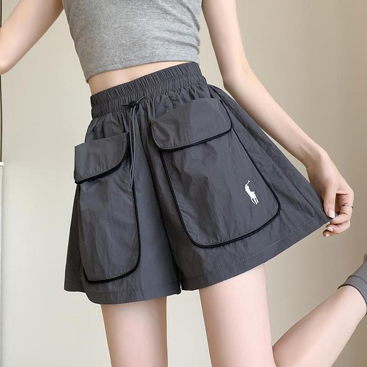 灰色冰丝速干运动短裤女夏季新款高腰显瘦宽松大口袋a字阔腿热裤