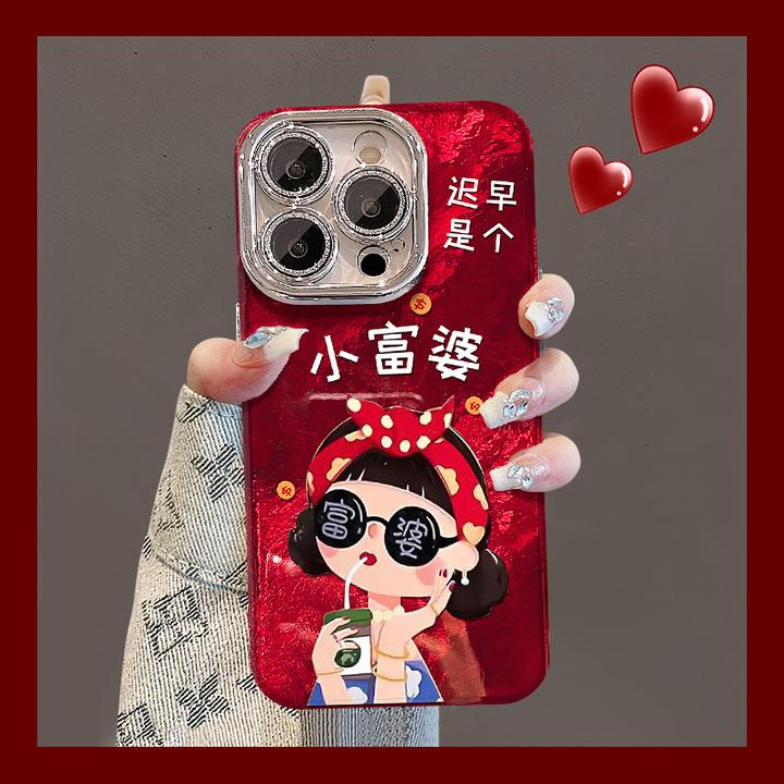 可爱小富婆适用16新年手机壳15pro红色喜庆14镜头膜防摔13/12
