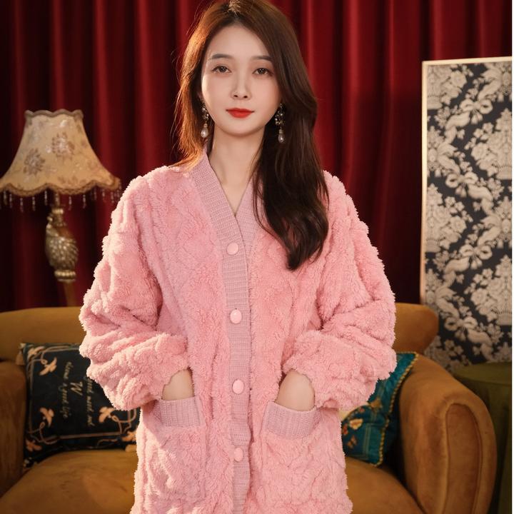 达芬奇密码秋冬加绒加厚法兰绒睡衣家居服开衫套装女长袖长裤时尚