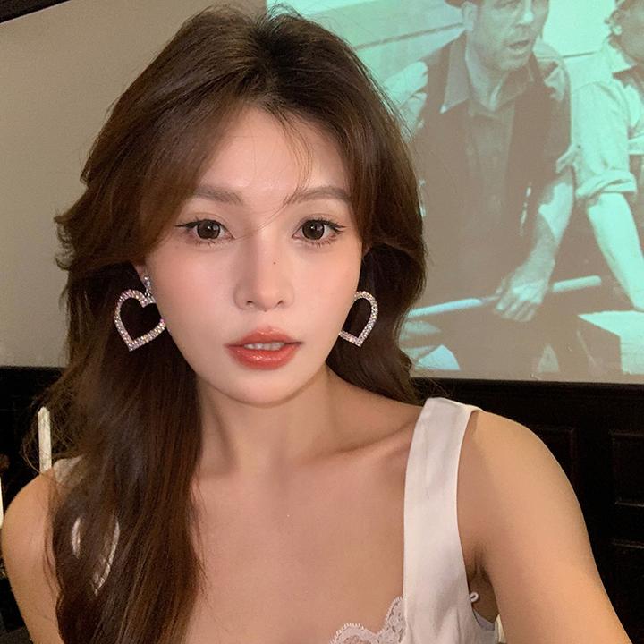 铜合金耳饰 夸张炫彩大爱心耳环高级满钻桃心耳钉耳坠