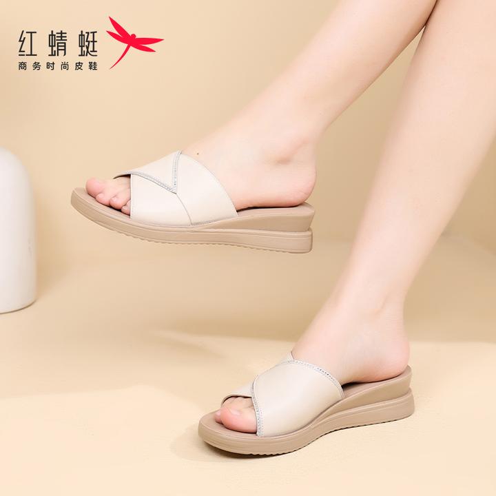 红蜻蜓头层牛皮外穿户外懒人便携真皮厚软底一字拖百搭女士凉拖鞋
