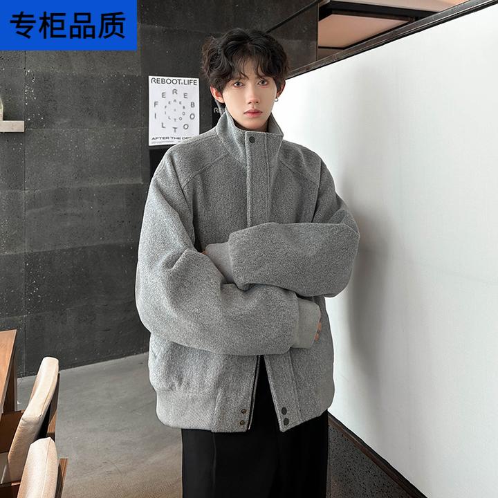 秋冬外套爆款外衣美式高街感立领短款休闲加厚毛呢夹克 呢子大衣