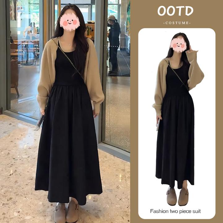 入秋一整套女装2024新款长袖短款针织开衫中长款收腰吊带裙两件套