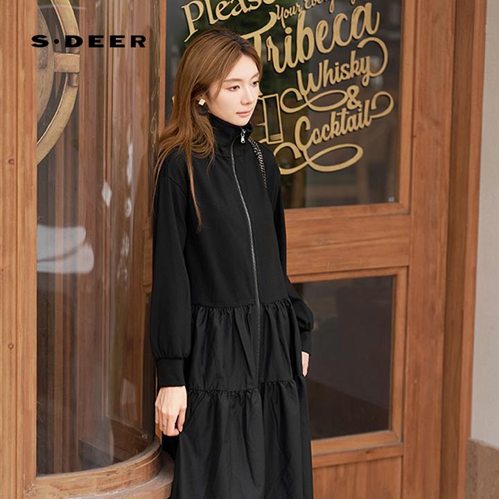 圣迪奥女装秋冬季黑色出游服装女雅丹风裙子时尚知性风衣服