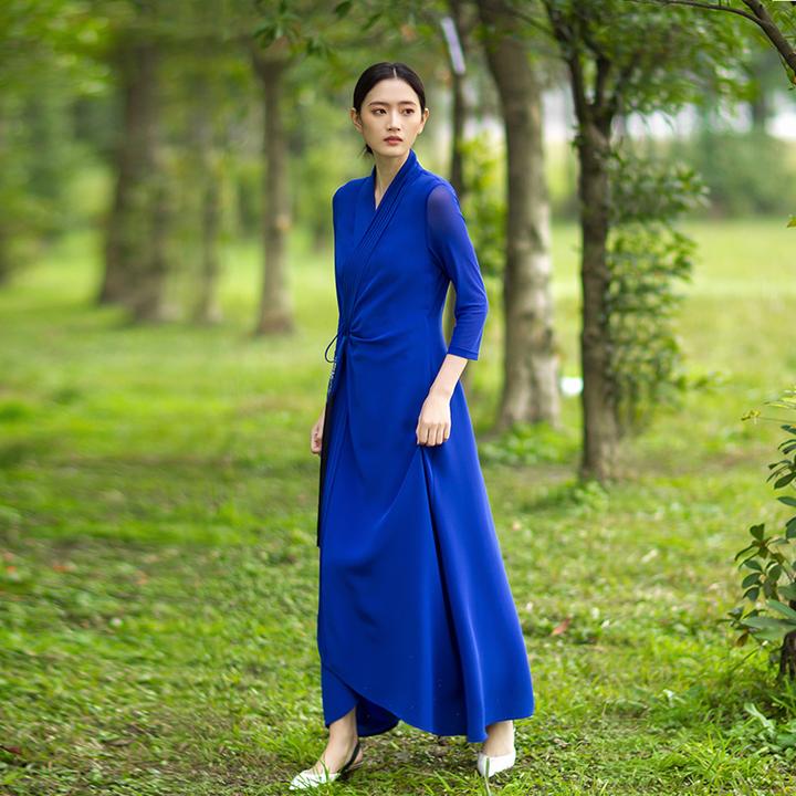 【主持人龙洋同款】夏季蓝色长裙子到脚踝超长款中式连衣裙9A191302